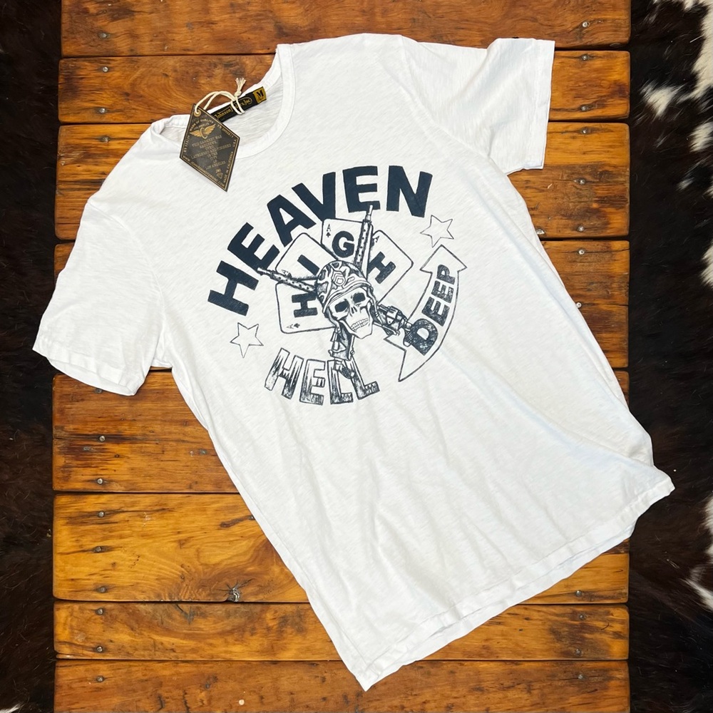 Johnson Motors “Heaven High, Hell Deep” vintage slub moto tee. NWT